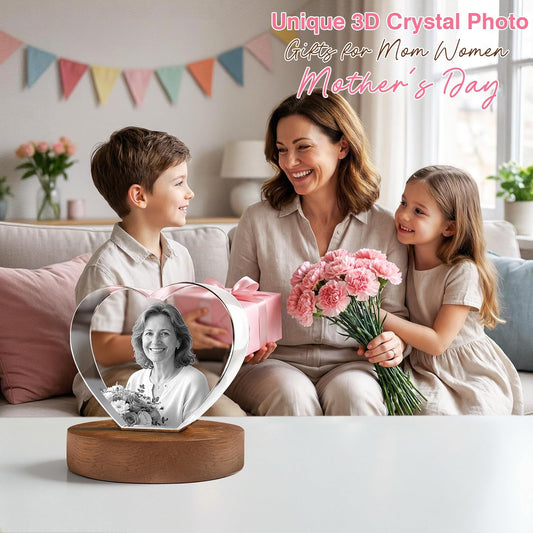 3D Crystal Photo, Mothers Day Gifts for Women Men Wife Husband Mom Father, Personalized Gifts with 3D Laser Etched, Engraved Inside the Crystal Using Your Photo Customized Memorial-Heart