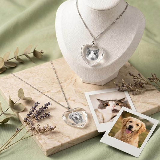 Personalized Crystal Photo Necklace for Pet Memorial, Custom Engraved Dog and Cat Picture Pendant, Shaped Keepsake Jewelry Gift for Father's Day, Christmas, Pet Lovers