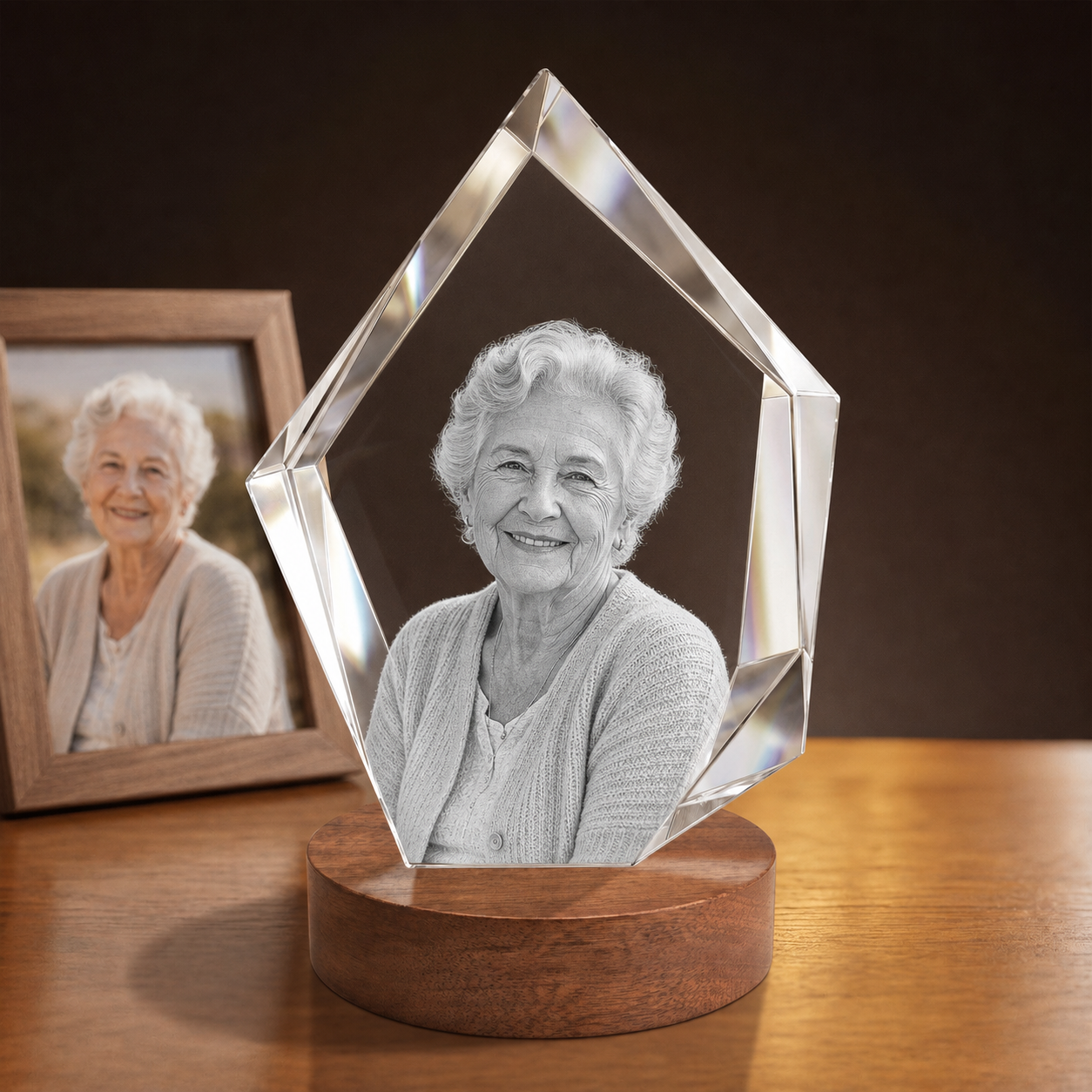 3D Crystal Iceberg personalized senior portrait engraving on walnut display base
