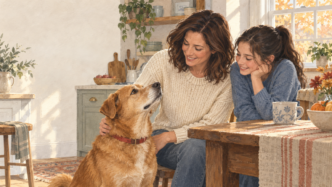 Illustration of June, an older golden dog with a red collar, at home with her family.