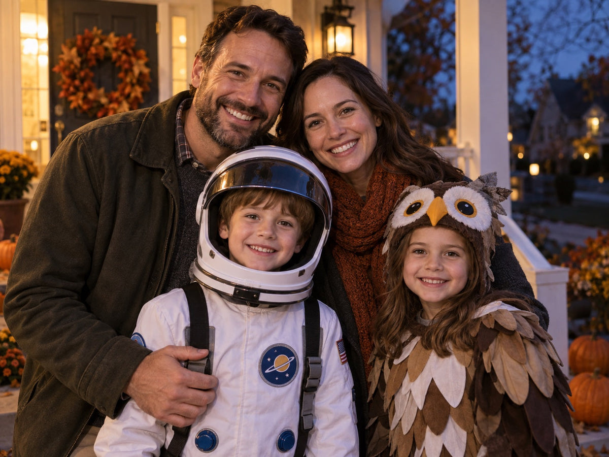 Family of four in original Halloween costumes on a warm front porch, AI-assisted illustration