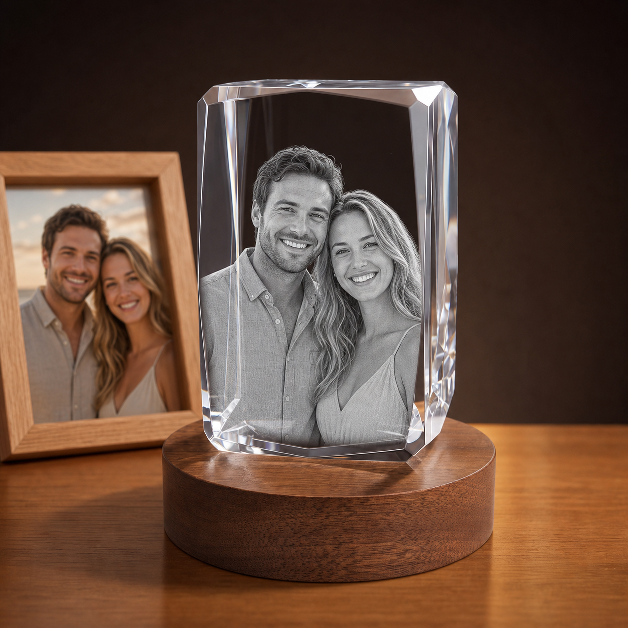 3D Crystal 24-Faceted personalized couple photo engraving on walnut display base