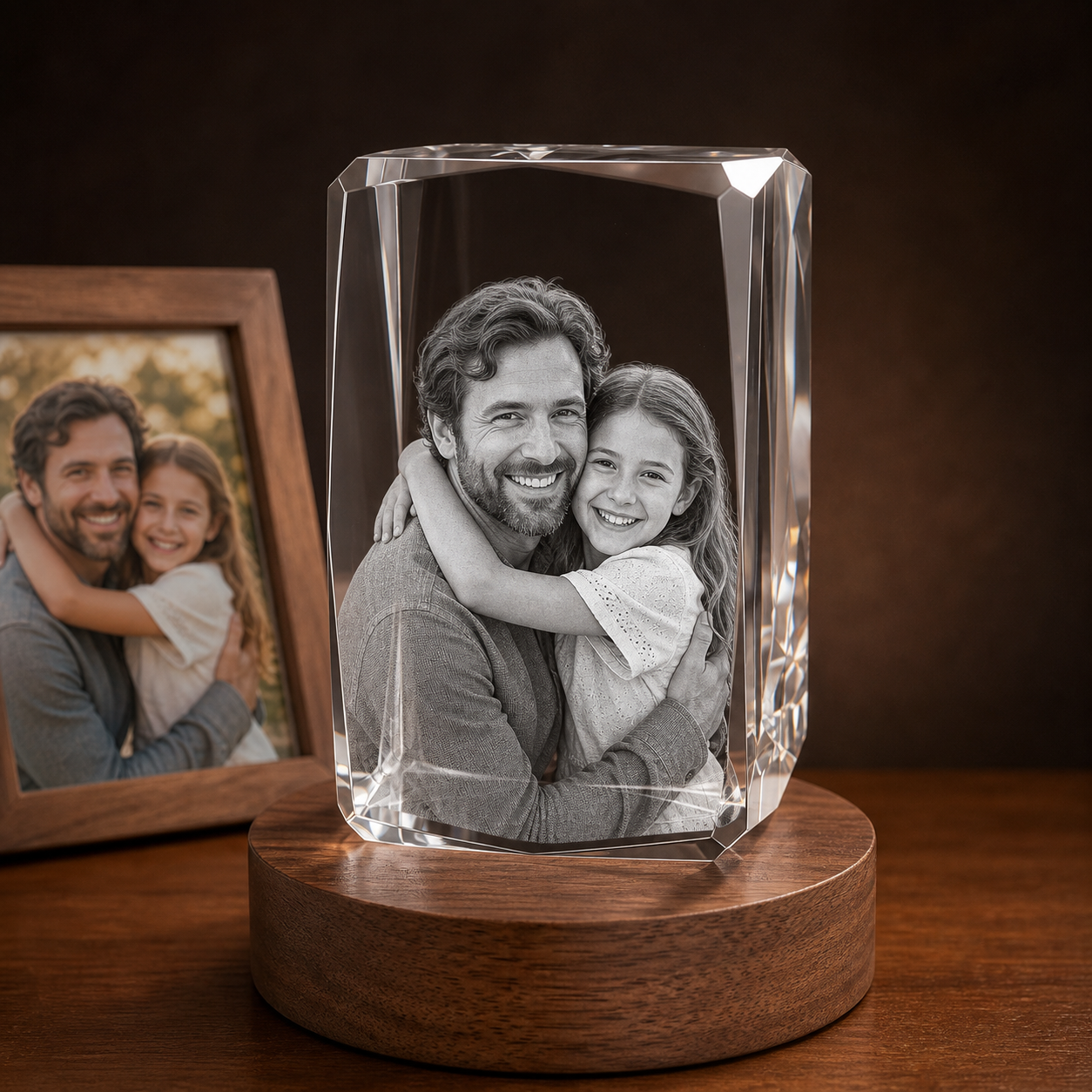 3D Crystal 24-Faceted personalized parent and child photo engraving on walnut display base