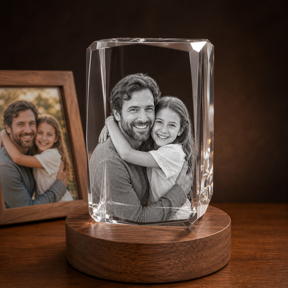 3D Crystal 24-Faceted personalized parent and child photo engraving on walnut display base