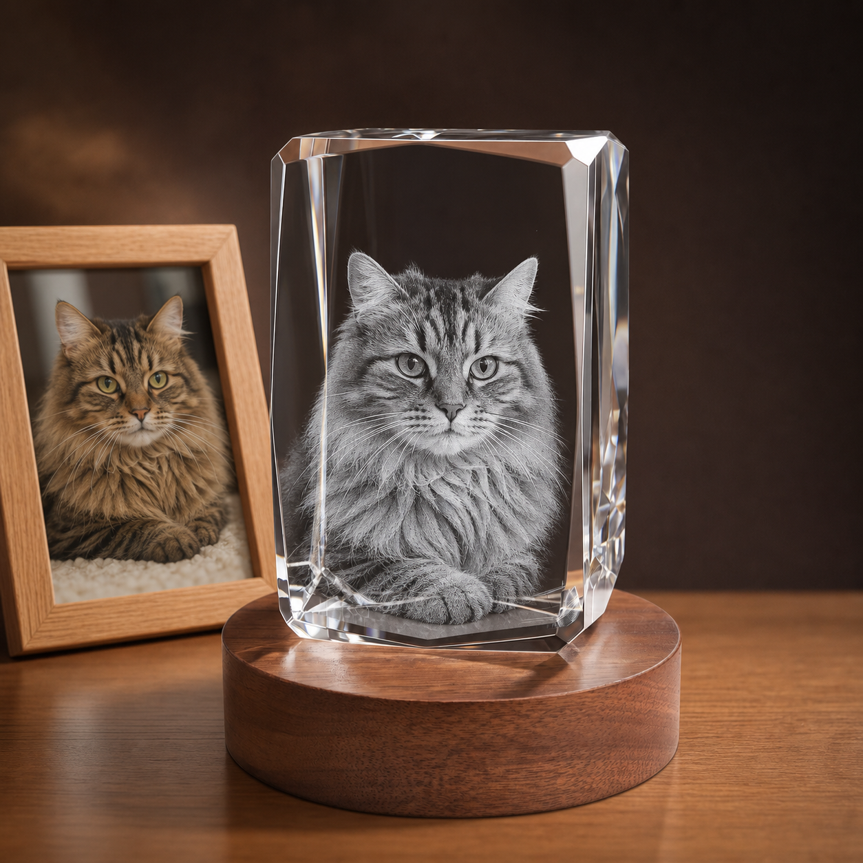 3D Crystal 24-Faceted personalized pet photo engraving on walnut display base
