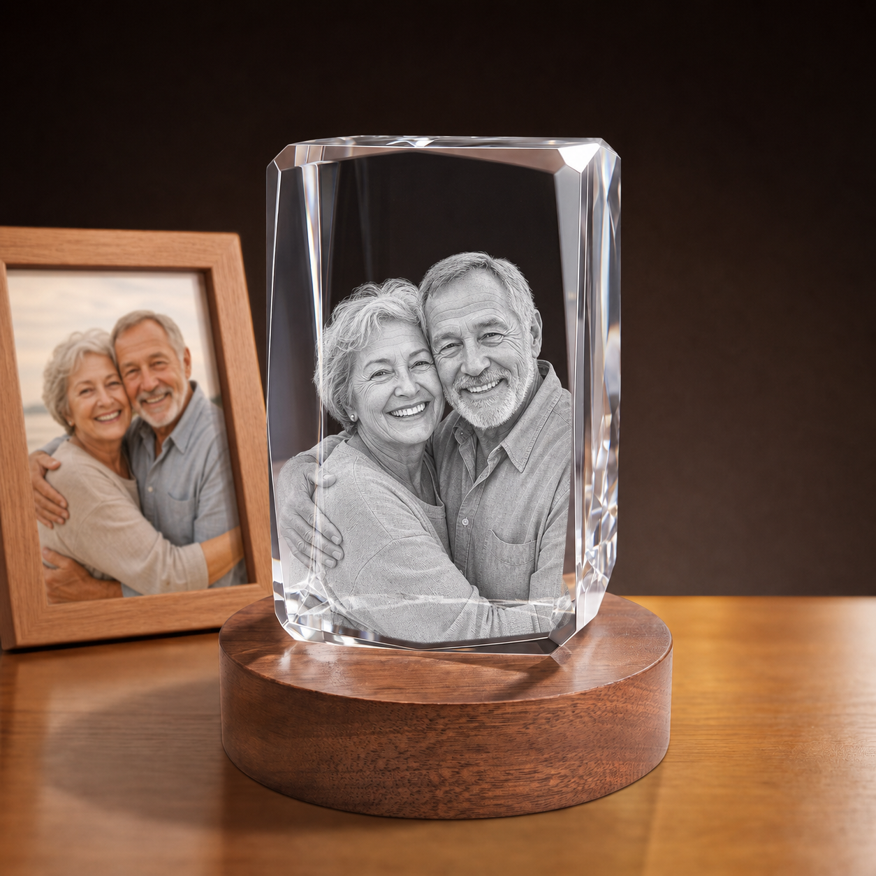 3D Crystal 24-Faceted personalized senior portrait engraving on walnut display base