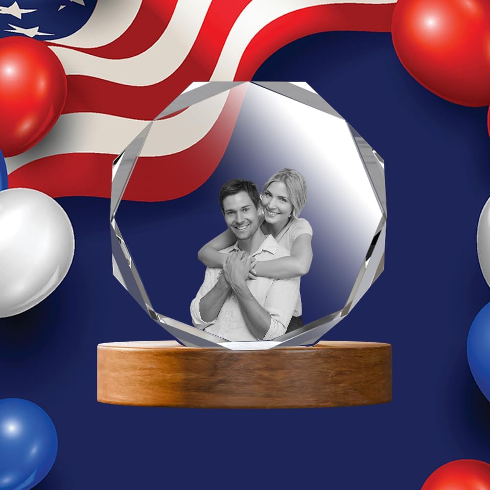 3D Crystal Photo, Mothers Day Gifts for Women Men Wife Husband Mom Father, Personalized Gifts with 3D Laser Etched, Engraved Inside the Crystal Using Your Photo Customized Memorial-Octagon badge