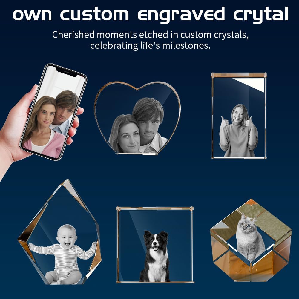 3D Crystal Photo, Mothers Day Gifts for Women Men Wife Husband Mom Father, Personalized Gifts with 3D Laser Etched, Engraved Inside the Crystal Using Your Photo Customized Memorial-Diamond