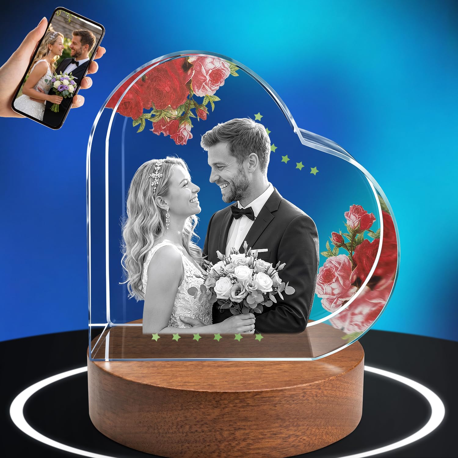 ArtLira US Local Personalized Heart K9 Crystal Photo Frame, Custom 3D Laser Engraved Keepsake with Wooden Base, Wedding Anniversary Couple Pet Memorial Home Decor Gift (Pink)