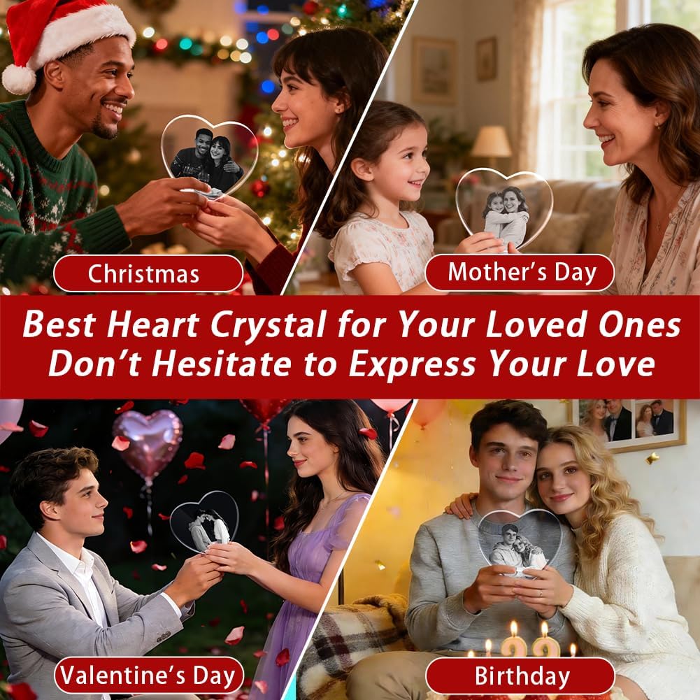 3D Crystal Photo, Valentines Day Customized Gifts, Women, Wife, Him, Mother Day Personalized Gift with Your Photo, Anniversary Memorial Girlfriend Christmas Gift, Customized Glass 3D - Heart S