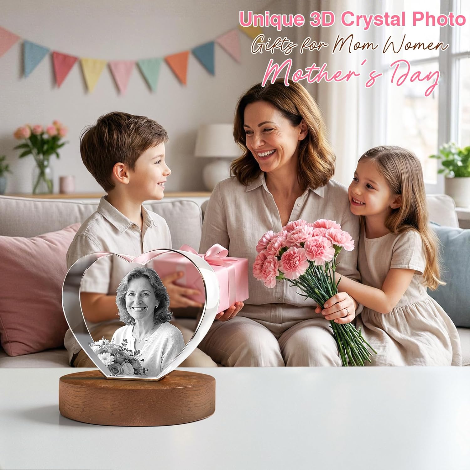 3D Crystal Photo, Mothers Day Gifts for Women Men Wife Husband Mom Father, Personalized Gifts with 3D Laser Etched, Engraved Inside the Crystal Using Your Photo Customized Memorial-Heart