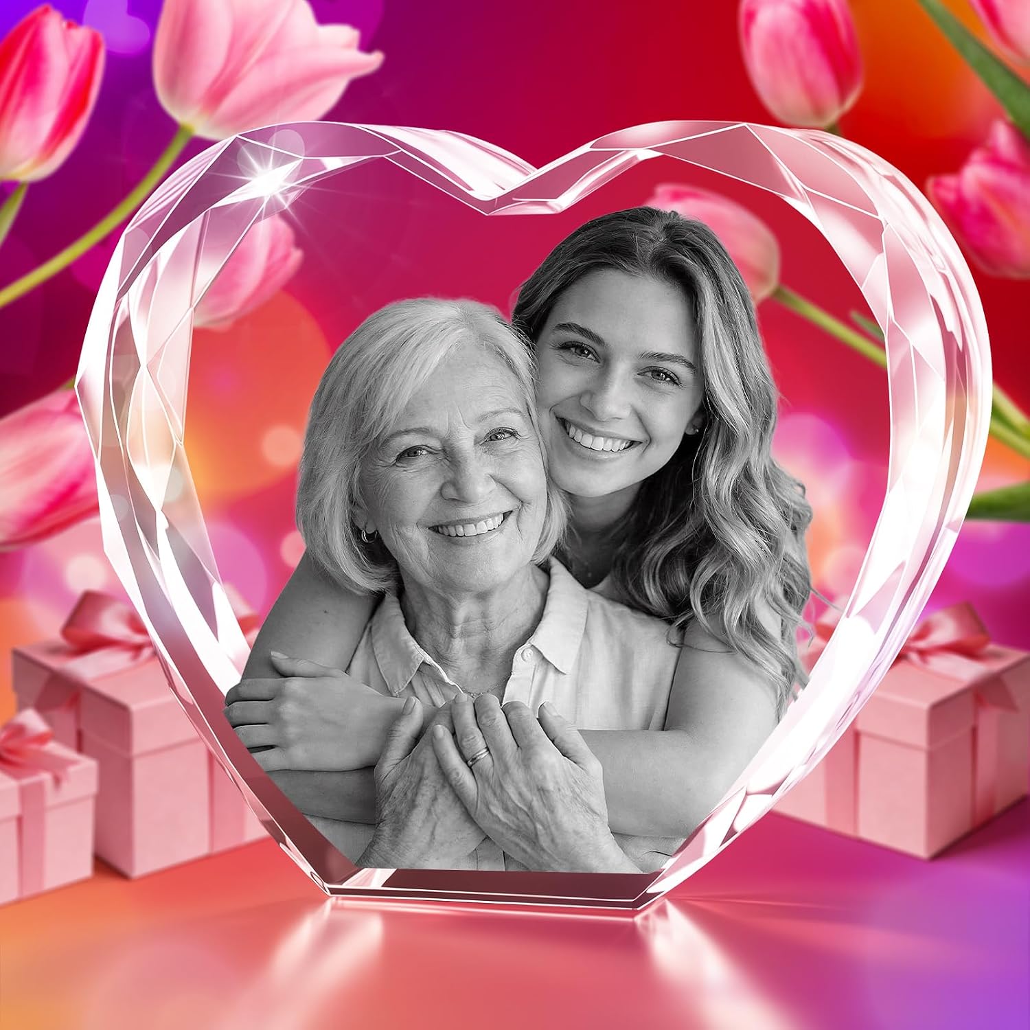 3D Crystal Photo for Mother's Day, Personalized Gift for Mom, Wife, Grandma, Women – Laser Engraved Crystal Glass with 3D Picture, Christmas Wedding Birthday Decor for Her, Couples S