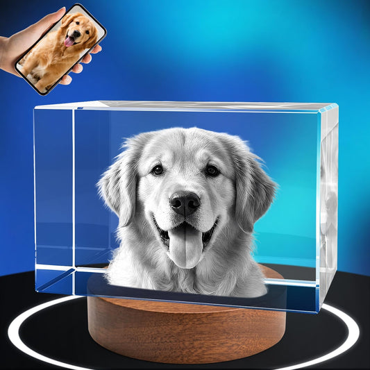 Made in USA Custom 3D Crystal Photo Personalized Gifts - 24H Fast Production, Engraved K9 Crystal Picture with Wooden Base, Laser Memorial Gifts for Mothers Day Fathers Day Anniversary Birthday Pet Loss (60*80*120mm)