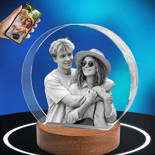 ArtLira Custom 3D Photo Crystal Circle, Personalized Laser Engraved Picture Keepsake with Flat Bottom & Wooden Base, Memorial Gift for Pet Loss Couples Wedding Anniversary Birthday