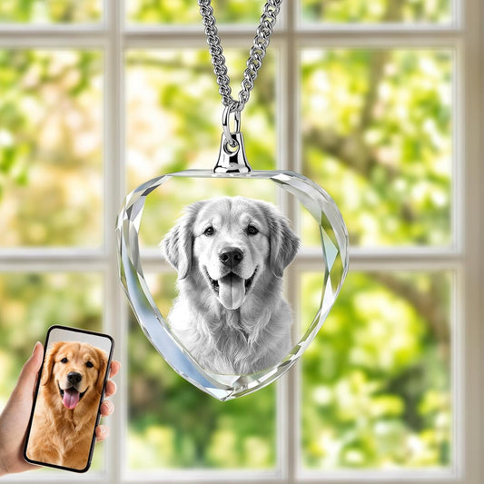 Personalized Crystal Photo Necklace for Pet Memorial, Custom Engraved Dog and Cat Picture Pendant, Shaped Keepsake Jewelry Gift for Father's Day, Christmas, Pet Lovers
