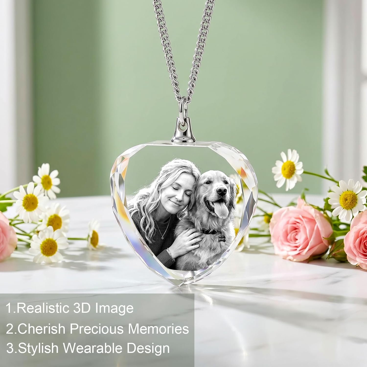 Personalized Crystal Photo Necklace for Pet Memorial, Custom Engraved Dog and Cat Picture Pendant, Shaped Keepsake Jewelry Gift for Father's Day, Christmas, Pet Lovers
