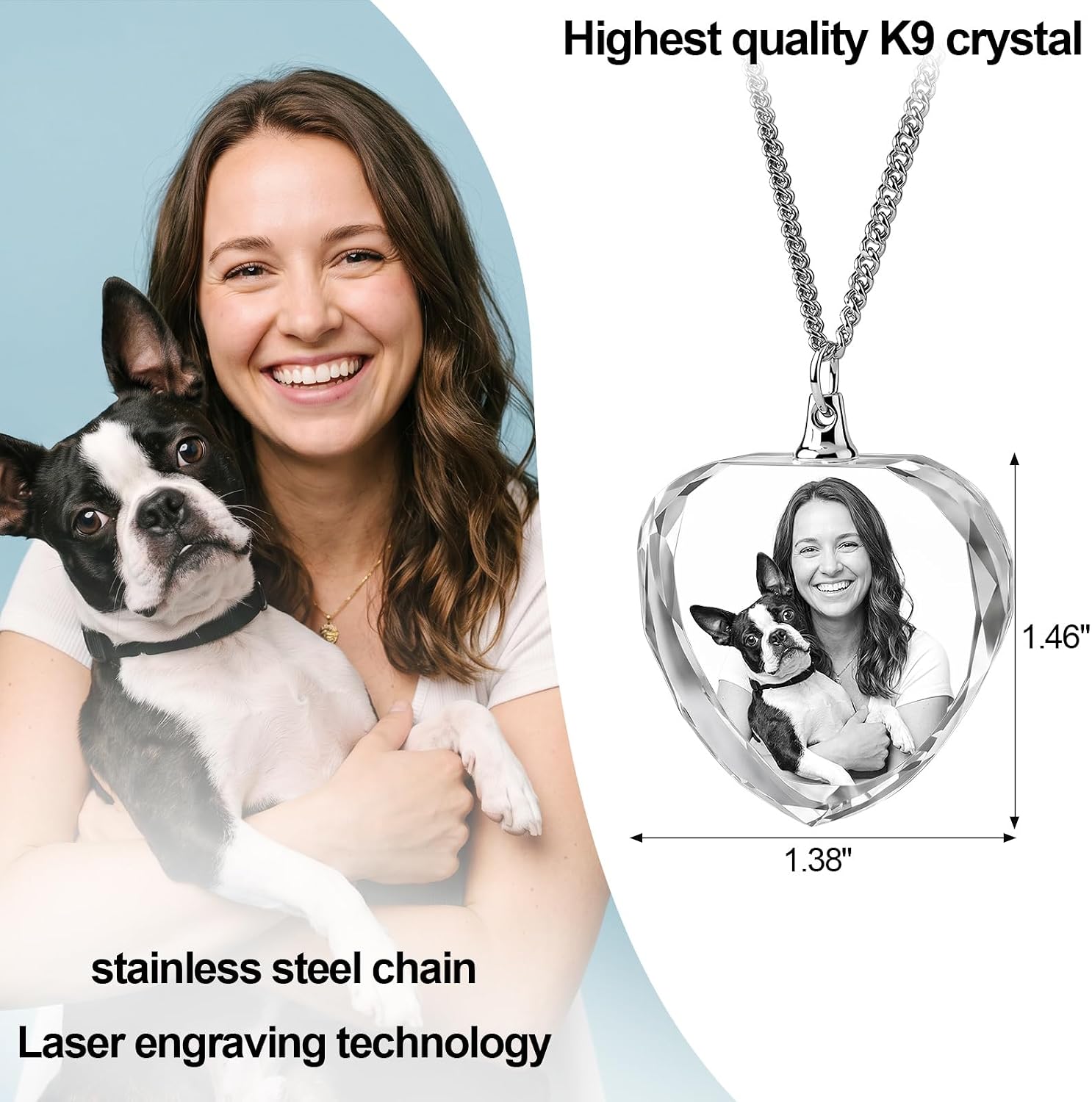 Personalized Crystal Photo Necklace for Pet Memorial, Custom Engraved Dog and Cat Picture Pendant, Shaped Keepsake Jewelry Gift for Father's Day, Christmas, Pet Lovers