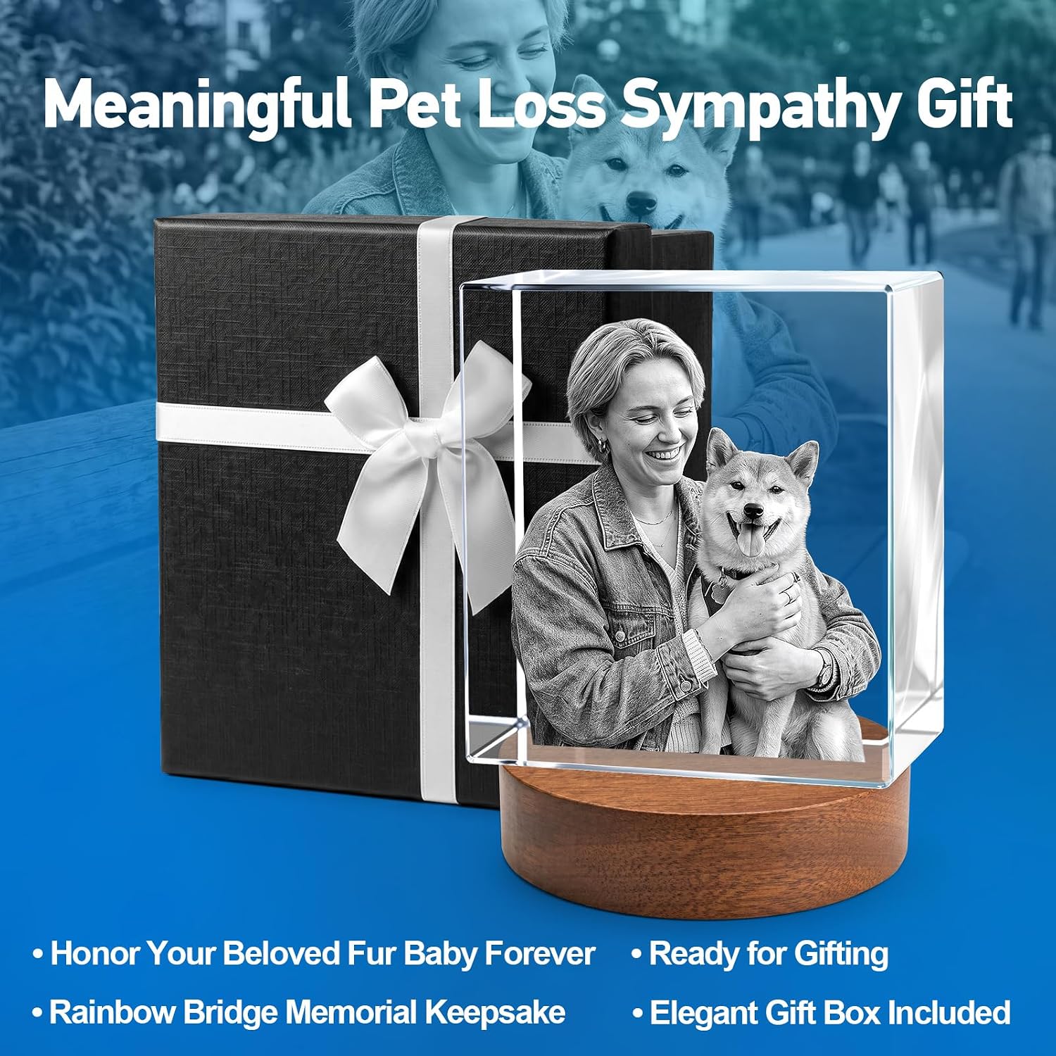 ArtLira Personalized 3D Crystal Pet Memorial Gift, Custom Laser Engraved Photo Keepsake with Wooden Base, US Sympathy Gift for Loss of Dog Cat, Anniversary Birthday Gifts for Couples Family (90*90*40mm)