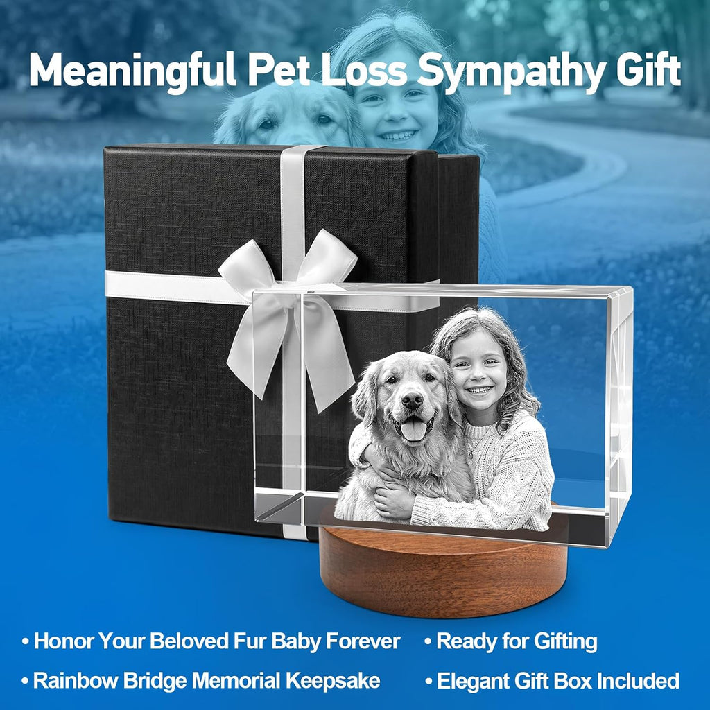 Made in USA Custom 3D Crystal Photo Personalized Gifts - 24H Fast Production, Engraved K9 Crystal Picture with Wooden Base, Laser Memorial Gifts for Mothers Day Fathers Day Anniversary Birthday Pet Loss (60*80*120mm)