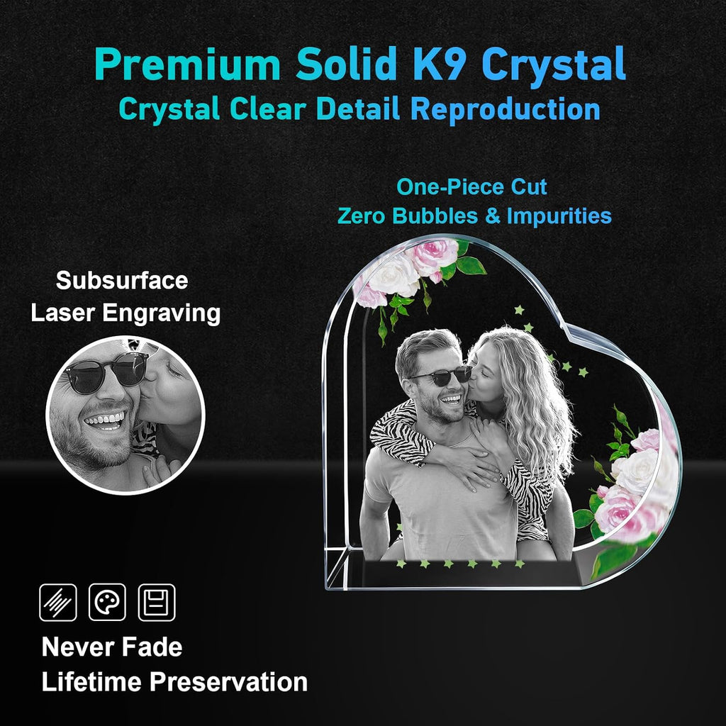 ArtLira US Local Personalized Heart K9 Crystal Photo Frame, Custom 3D Laser Engraved Keepsake with Wooden Base, Wedding Anniversary Couple Pet Memorial Home Decor Gift (Pink)