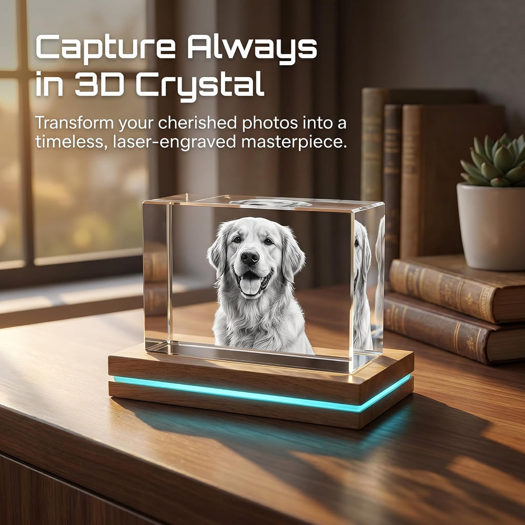Made in USA Custom 3D Crystal Photo Personalized Gifts - 24H Fast Production, Engraved K9 Crystal Picture with Wooden Base, Laser Memorial Gifts for Mothers Day Fathers Day Anniversary Birthday Pet Loss (60*80*120mm)