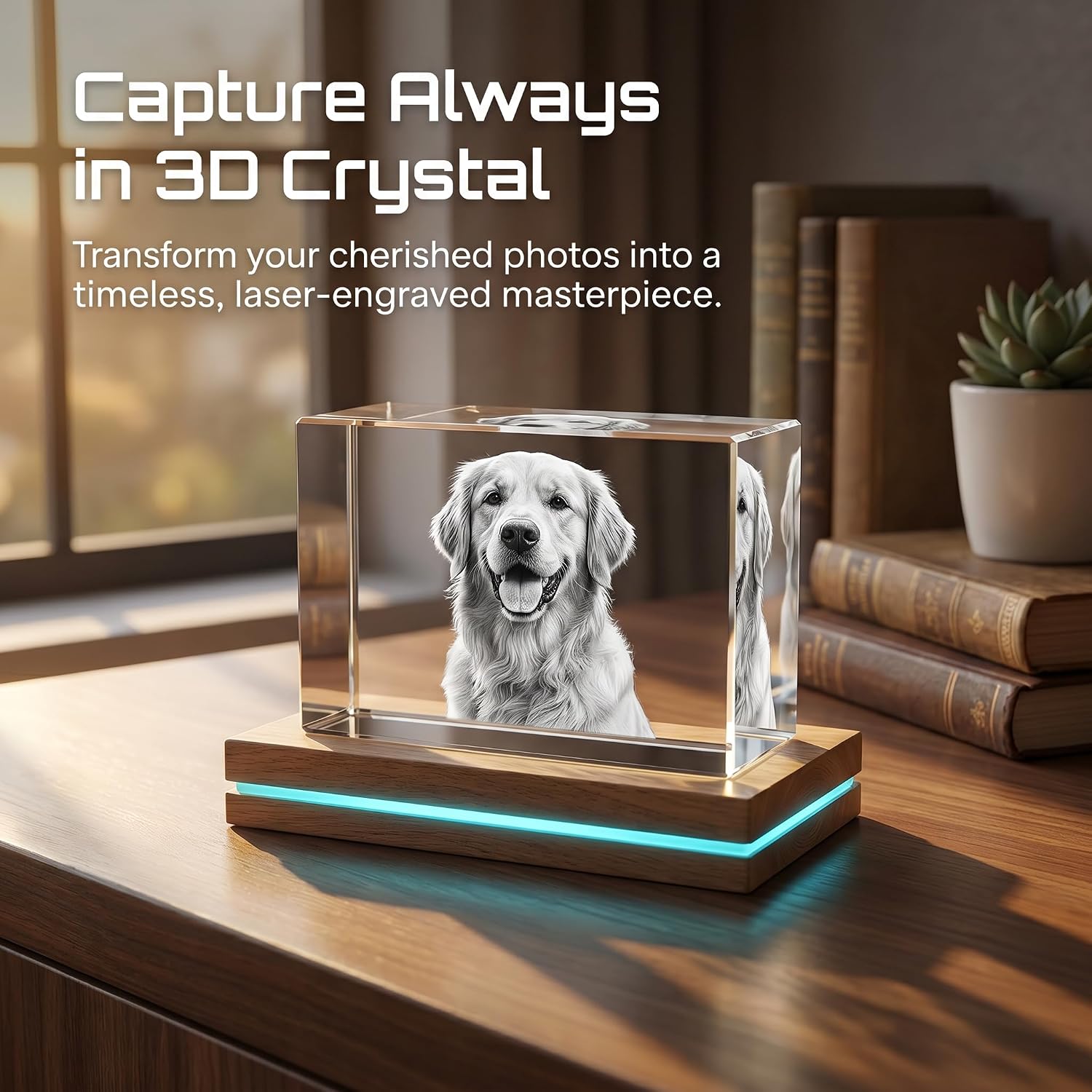 Made in USA Custom 3D Crystal Photo Personalized Gifts - 24H Fast Production, Engraved K9 Crystal Picture with Wooden Base, Laser Memorial Gifts for Mothers Day Fathers Day Anniversary Birthday Pet Loss (60*80*120mm)