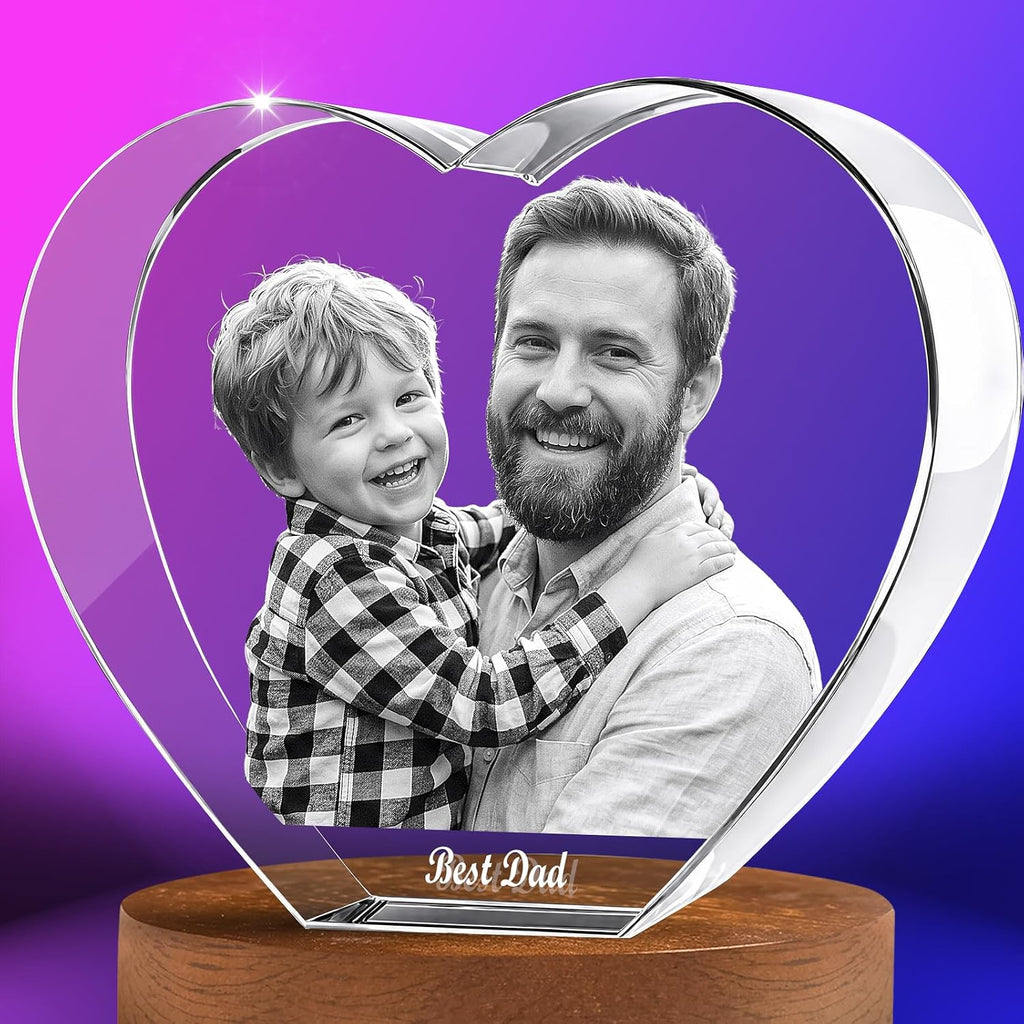 3D Crystal Photo Heart, Personalized Photo Gift for Father, Husband, Men, and Grandfather, Simply Upload Your Cherished Photo to Create a Custom 3D Laser Engraved Crystal Keepsake - Small
