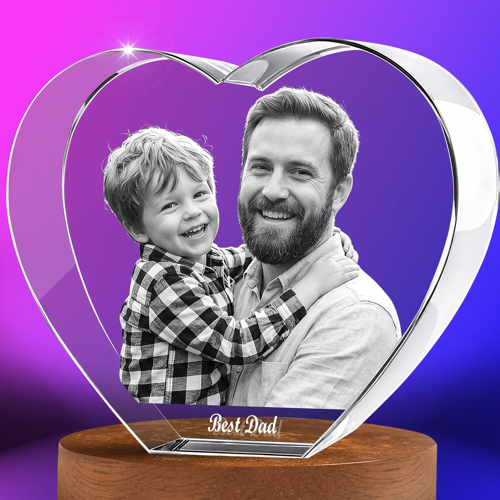3D Crystal Photo Heart, Personalized Photo Gift for Father, Husband, Men, and Grandfather, Simply Upload Your Cherished Photo to Create a Custom 3D Laser Engraved Crystal Keepsake - Small