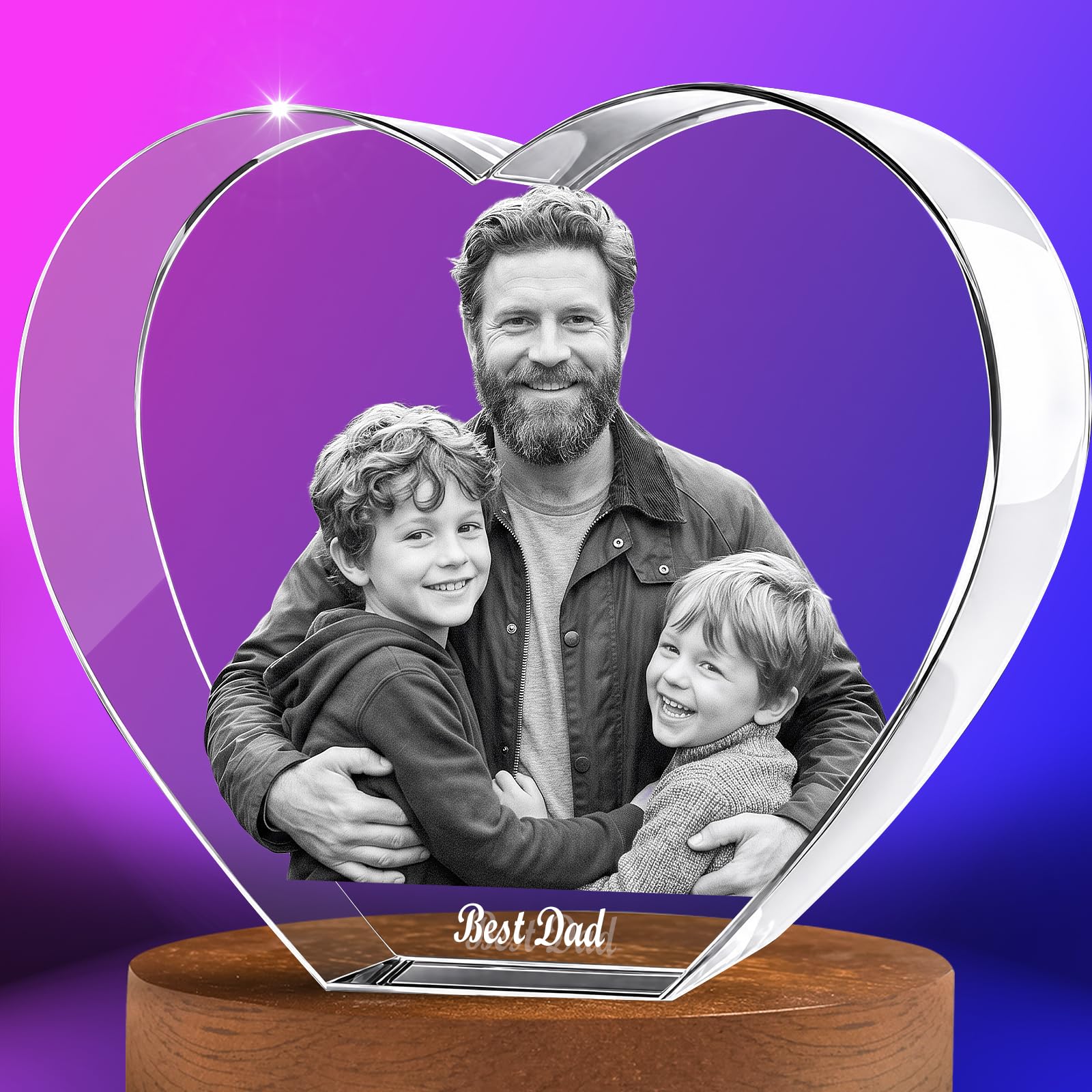 3D Crystal Photo Heart, Personalized Photo Gift for Father, Husband, Men, and Grandfather, Simply Upload Your Cherished Photo to Create a Custom 3D Laser Engraved Crystal Keepsake - Small
