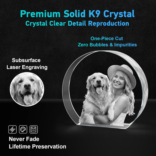 ArtLira Custom 3D Photo Crystal Circle, Personalized Laser Engraved Picture Keepsake with Flat Bottom & Wooden Base, Memorial Gift for Pet Loss Couples Wedding Anniversary Birthday
