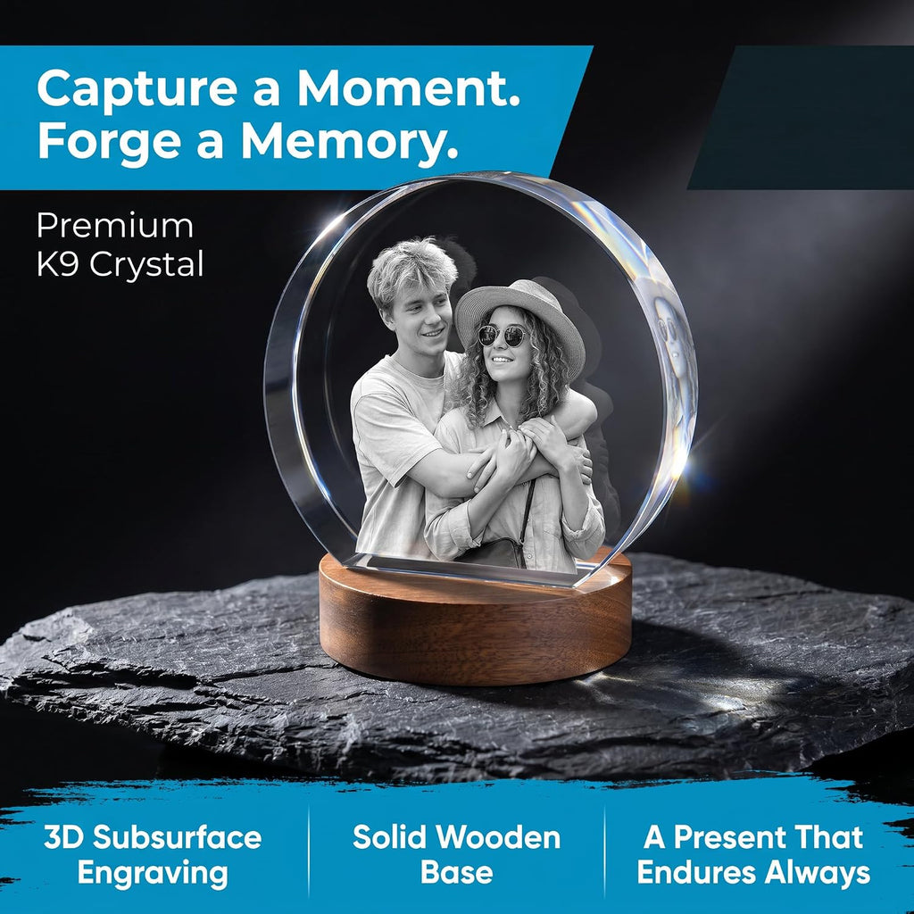 ArtLira Custom 3D Photo Crystal Circle, Personalized Laser Engraved Picture Keepsake with Flat Bottom & Wooden Base, Memorial Gift for Pet Loss Couples Wedding Anniversary Birthday