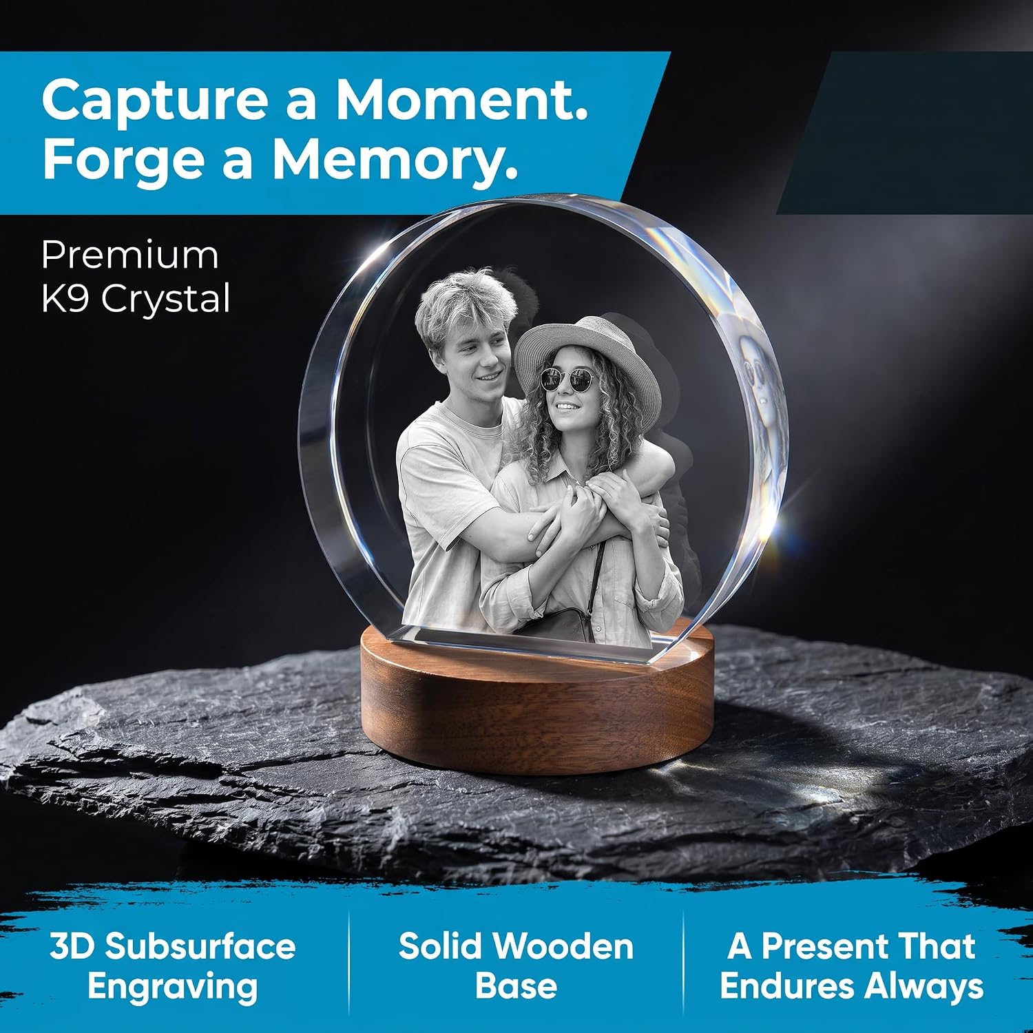 ArtLira Custom 3D Photo Crystal Circle, Personalized Laser Engraved Picture Keepsake with Flat Bottom & Wooden Base, Memorial Gift for Pet Loss Couples Wedding Anniversary Birthday