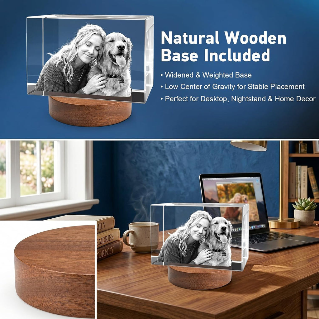 Made in USA Custom 3D Crystal Photo Personalized Gifts - 24H Fast Production, Engraved K9 Crystal Picture with Wooden Base, Laser Memorial Gifts for Mothers Day Fathers Day Anniversary Birthday Pet Loss (60*80*120mm)