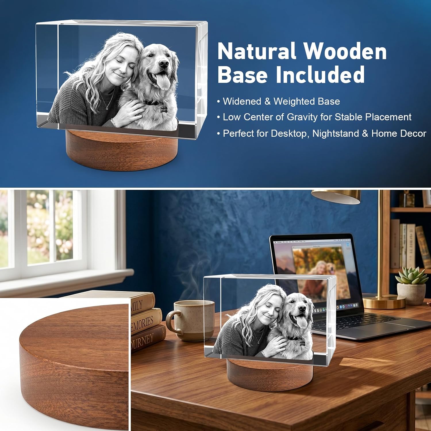 Made in USA Custom 3D Crystal Photo Personalized Gifts - 24H Fast Production, Engraved K9 Crystal Picture with Wooden Base, Laser Memorial Gifts for Mothers Day Fathers Day Anniversary Birthday Pet Loss (60*80*120mm)