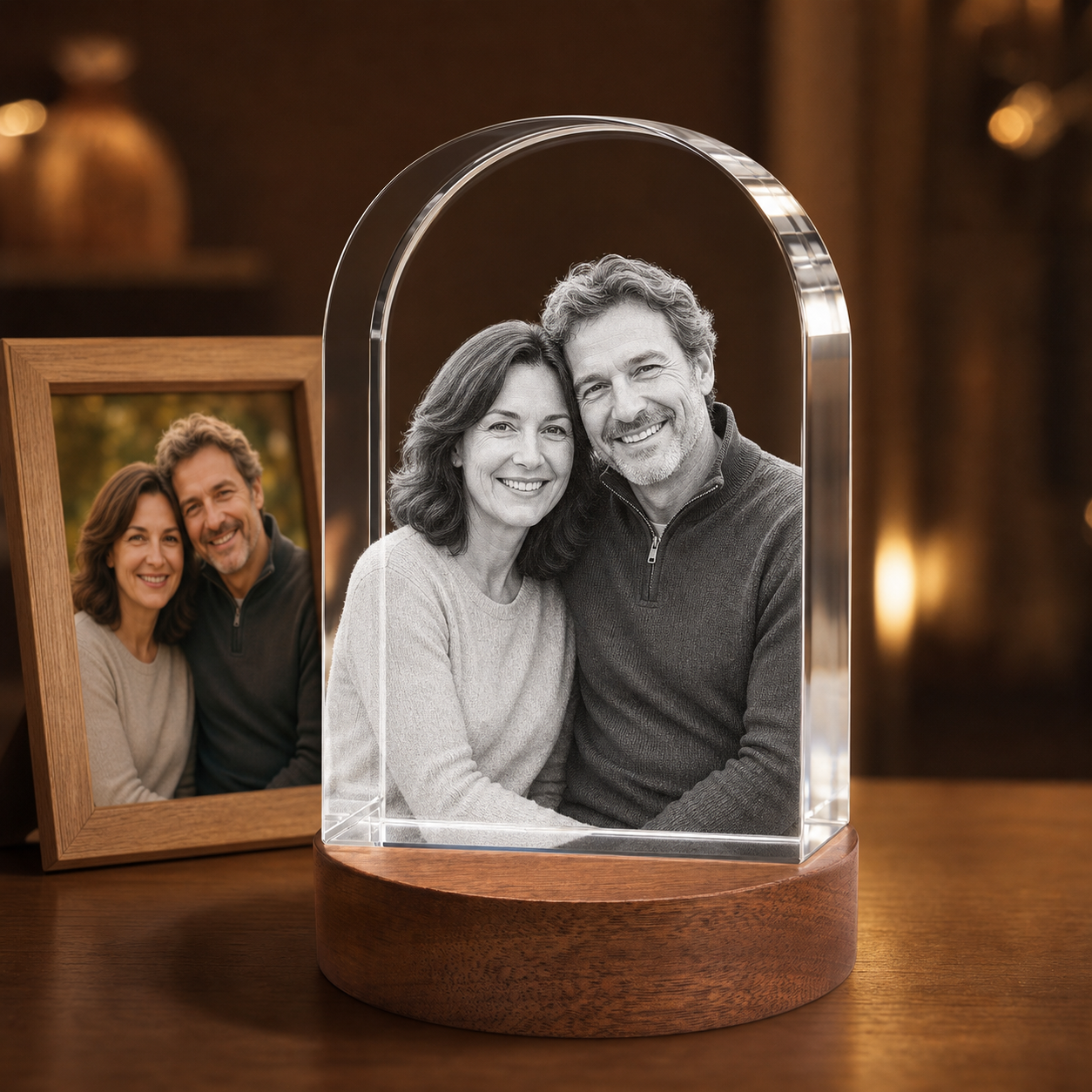 3D Crystal Arch personalized couple photo engraving on walnut display base