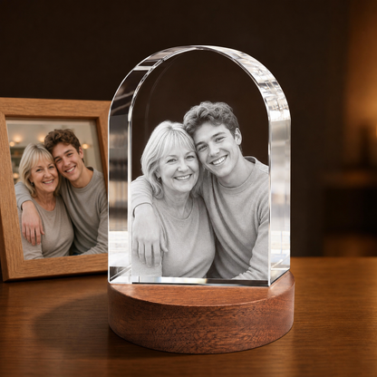 3D Crystal Arch personalized parent and child photo engraving on walnut display base