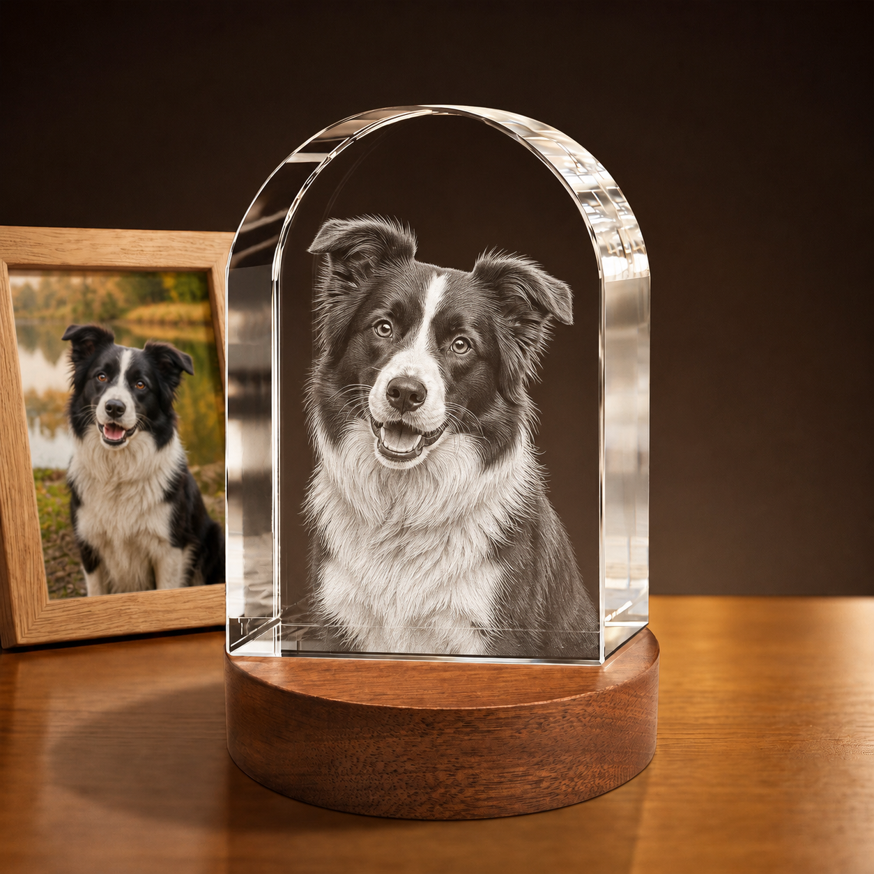 3D Crystal Arch personalized pet photo engraving on walnut display base