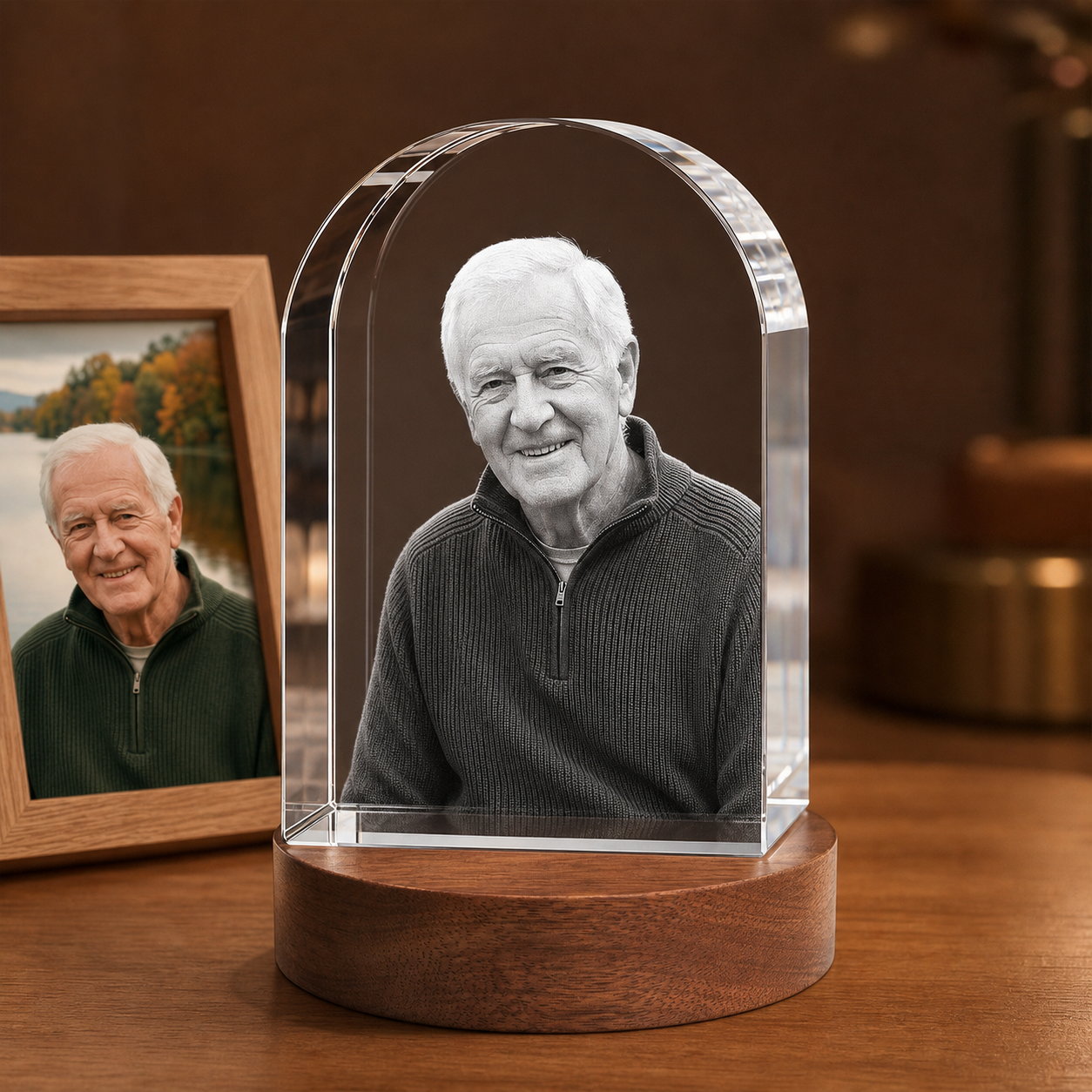 3D Crystal Arch personalized senior portrait engraving on walnut display base