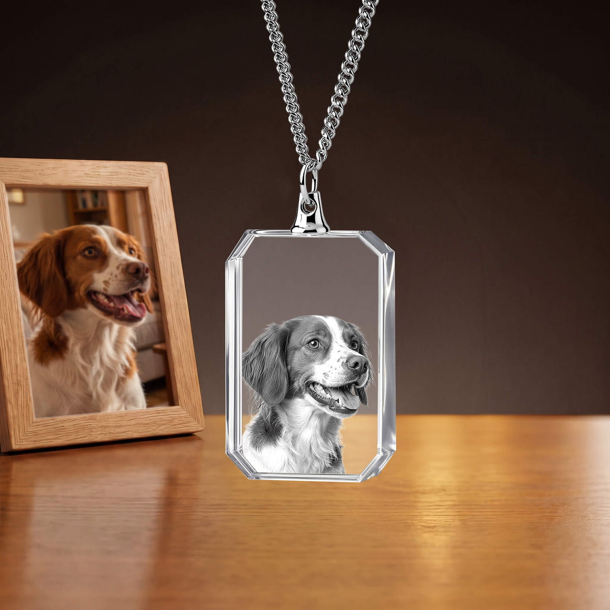 Rectangular crystal necklace with a dog portrait beside the original photo.