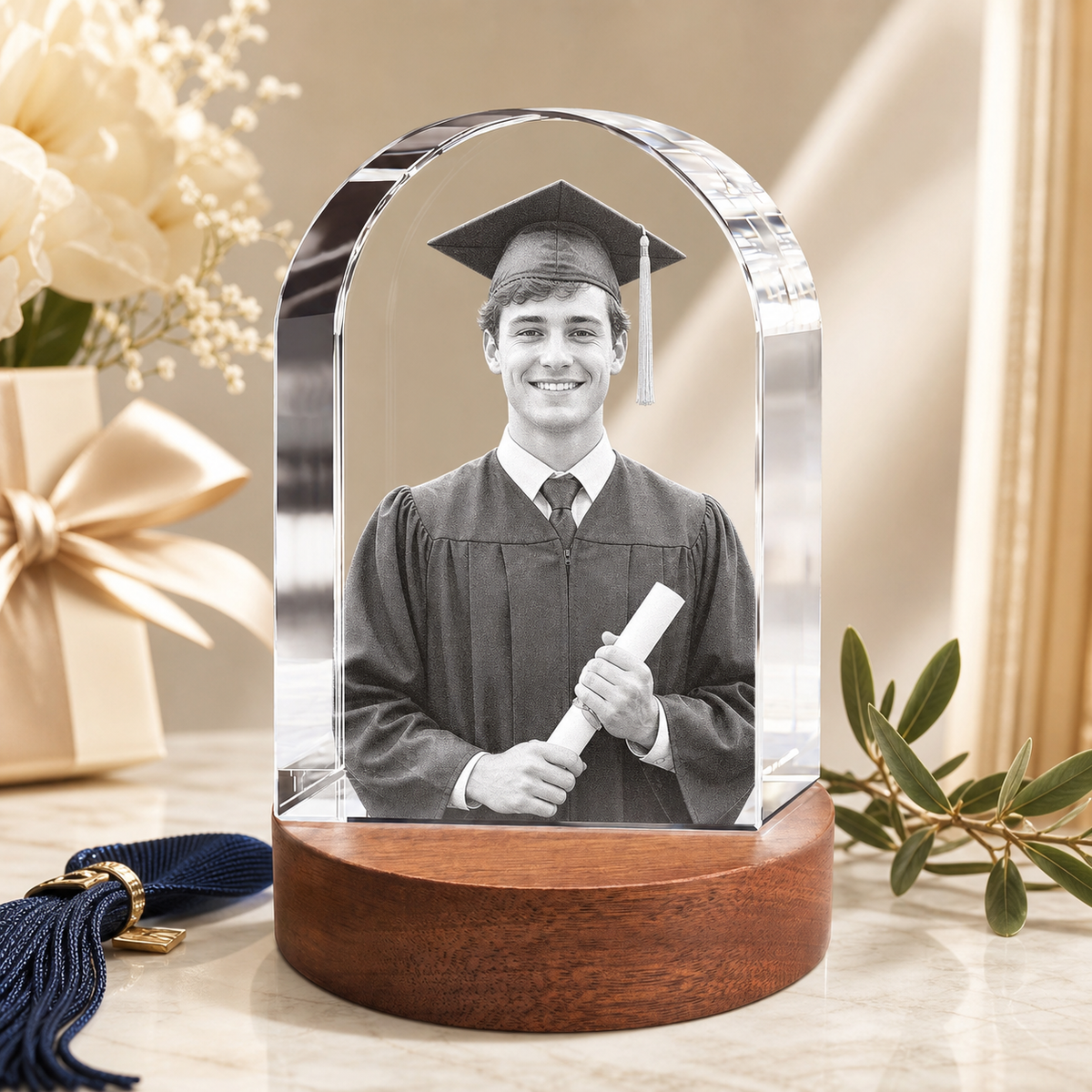 Arched crystal with a man's graduation portrait.