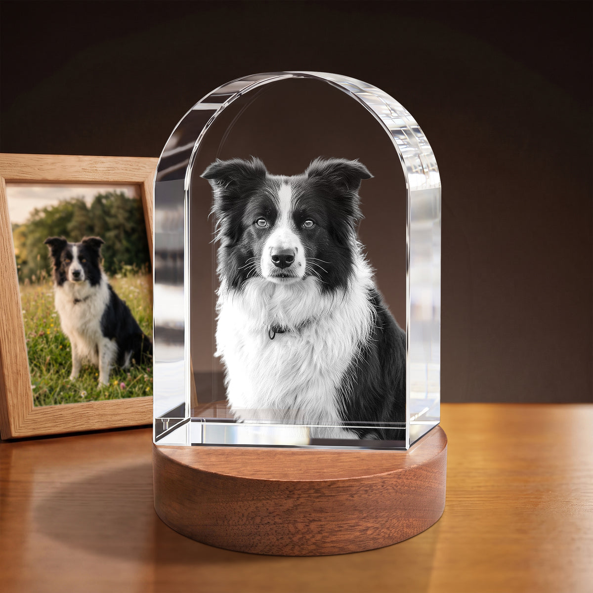 Arched crystal with a black-and-white dog portrait.