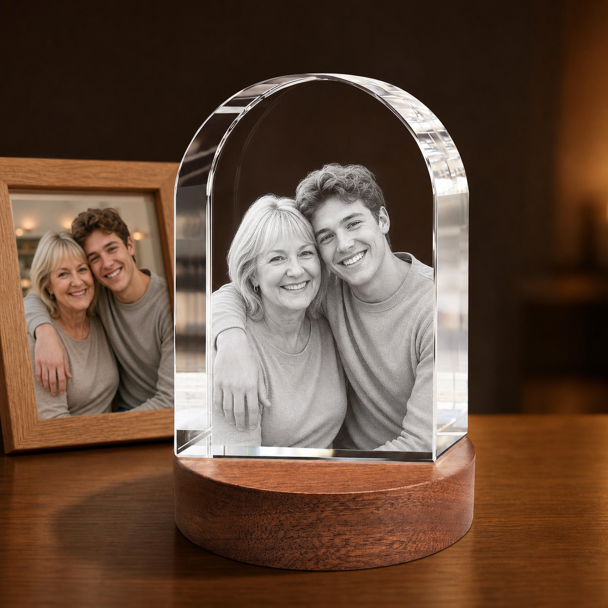 Arched crystal with a couple's portrait beside the original photo.