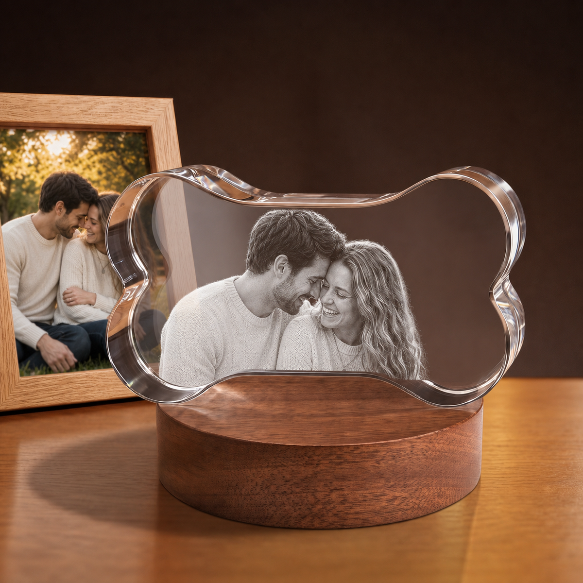 Bone-shaped crystal with a man and woman portrait.