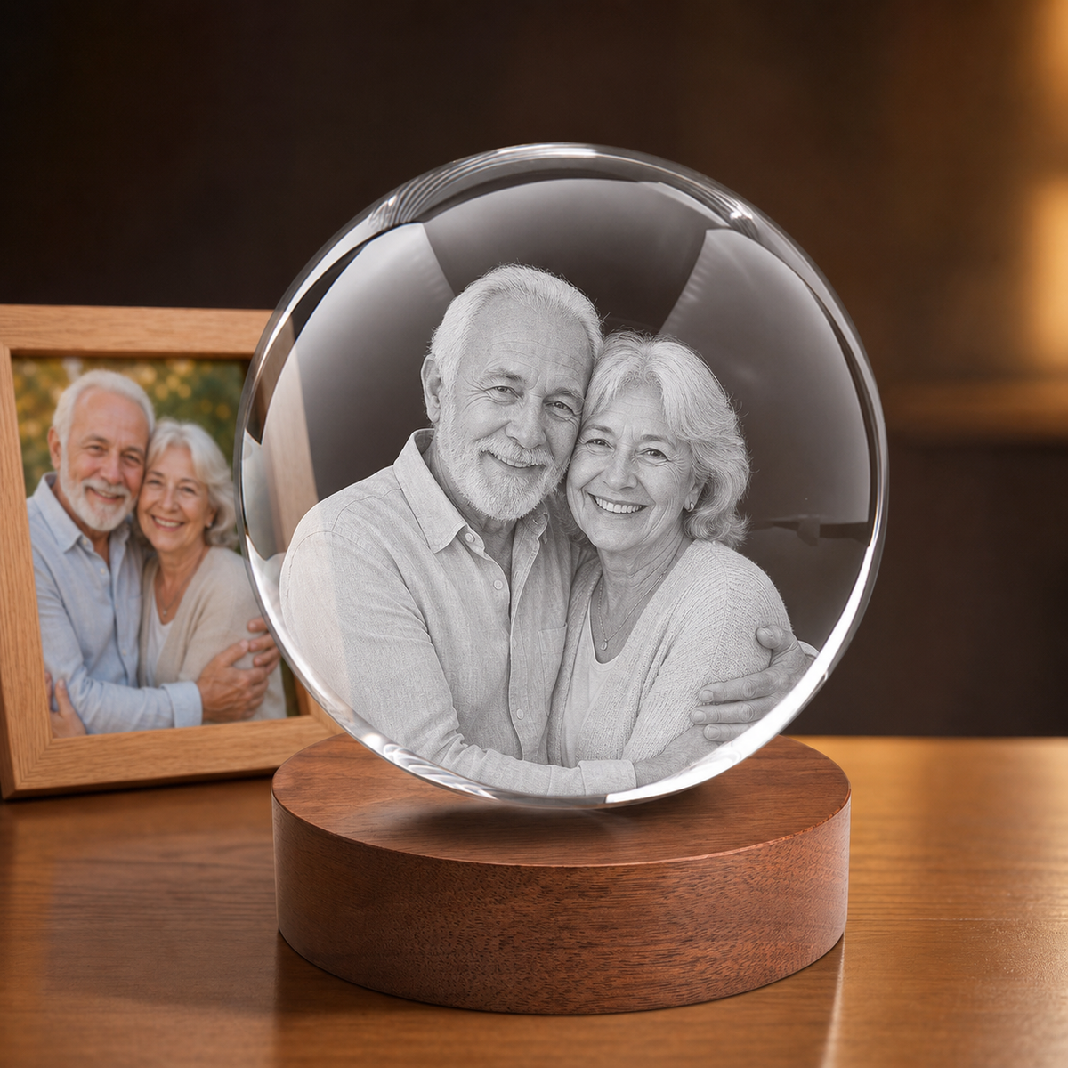 Crystal ball with an older couple's portrait.