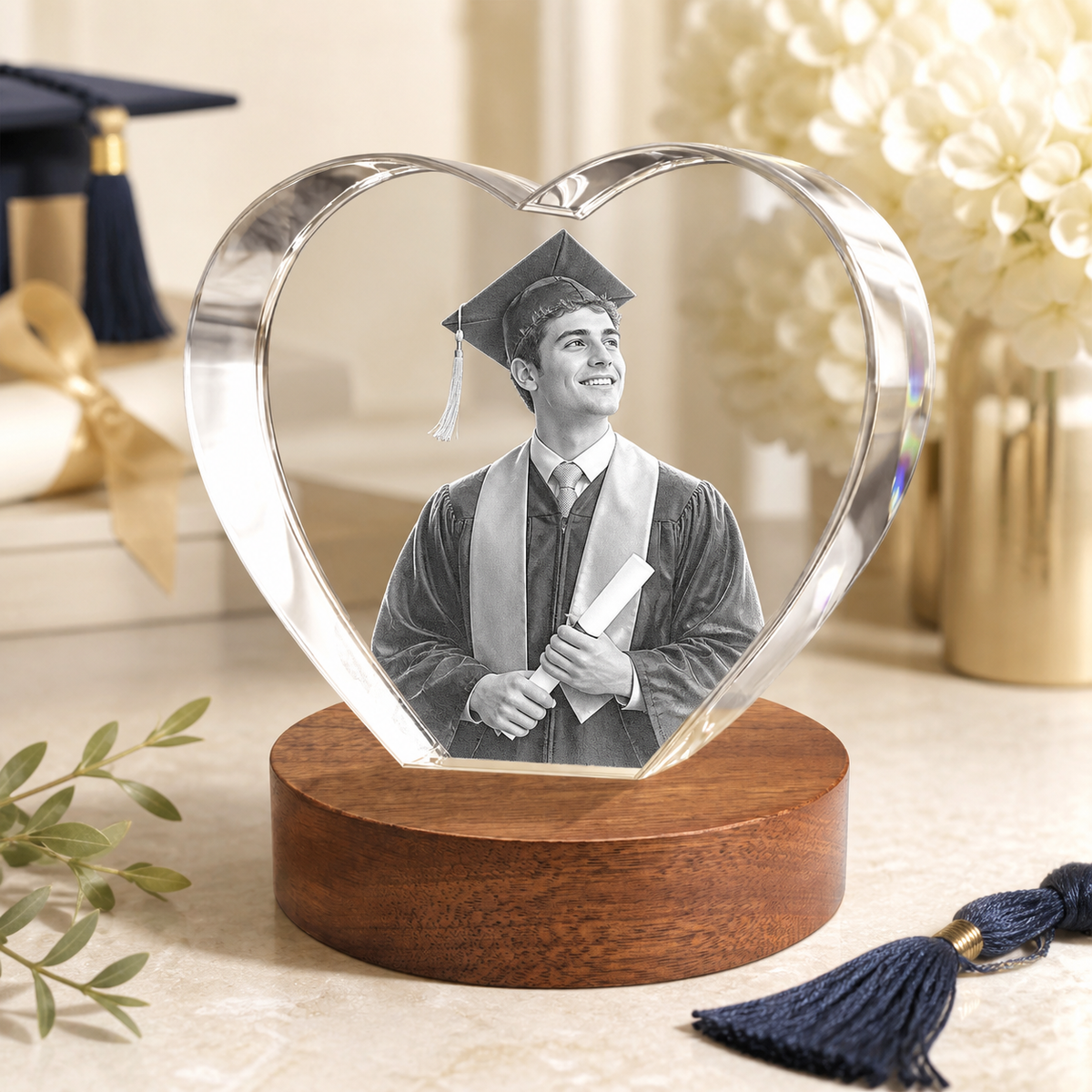 Heart-shaped crystal with a man's graduation portrait.