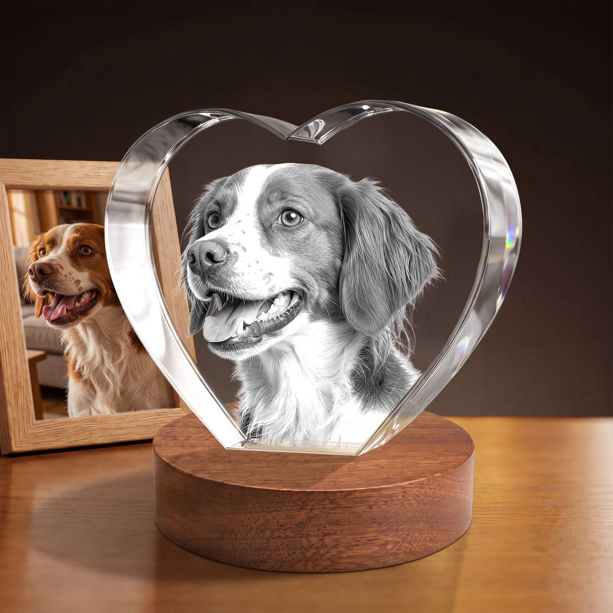 Heart-shaped crystal with a dog portrait beside the original photograph.
