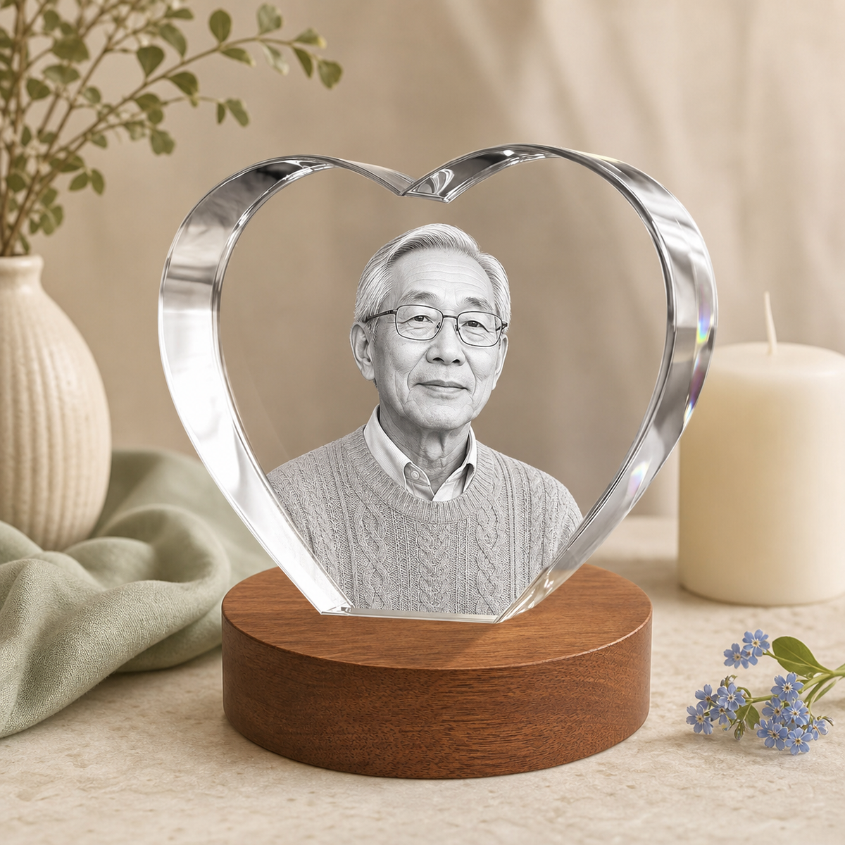 Heart-shaped crystal with an older man's portrait.