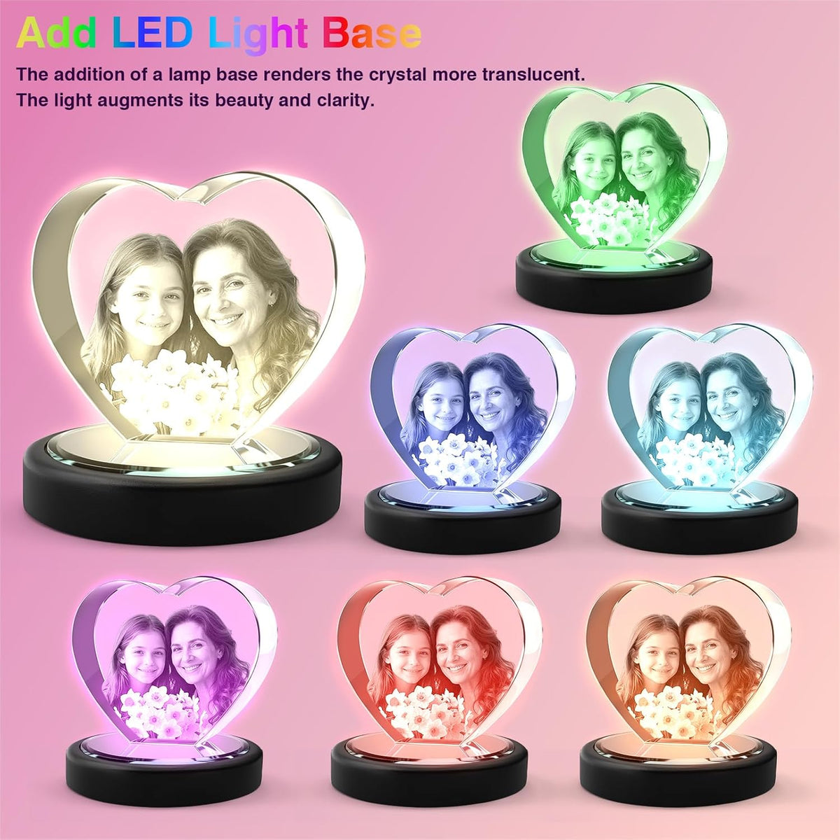 Heart-shaped portrait crystals illuminated in different colors.