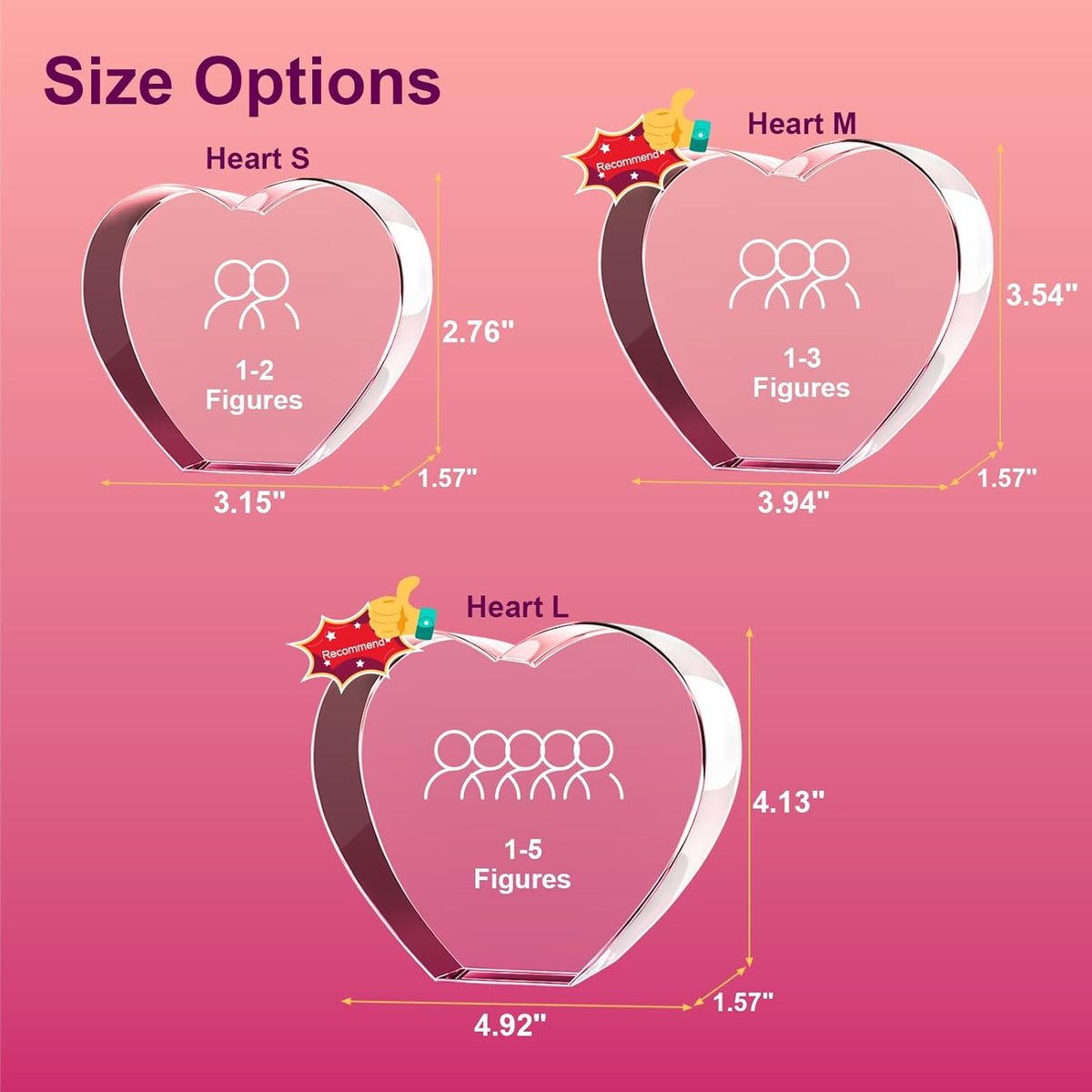 Heart crystal size guide with example portrait layouts.