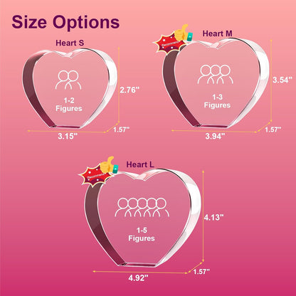 Heart crystal size guide with example portrait layouts.